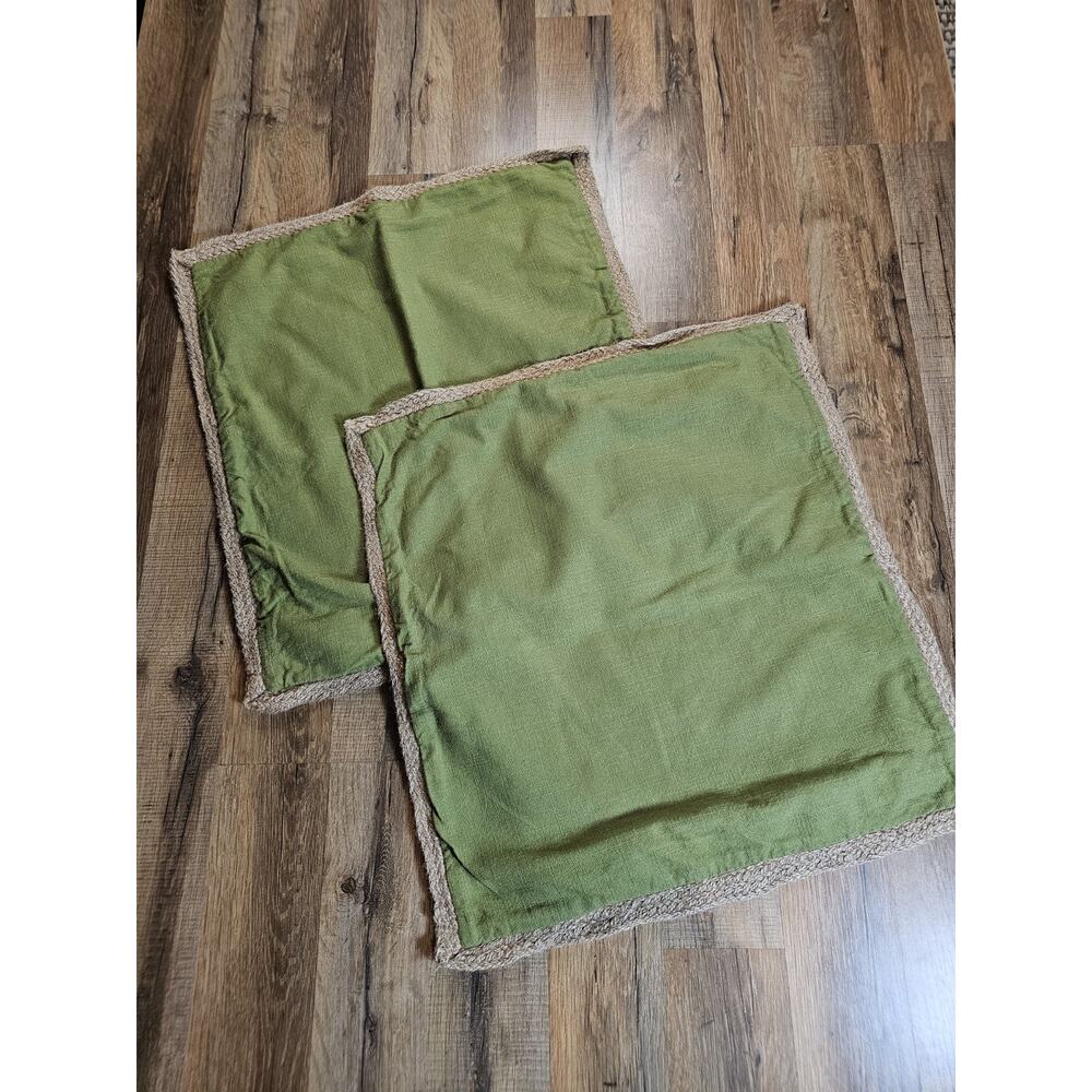 Set of 2 (Pier 1) Green Linen Throw‎ Pillow Covers with Braided Jute Trim 20x20